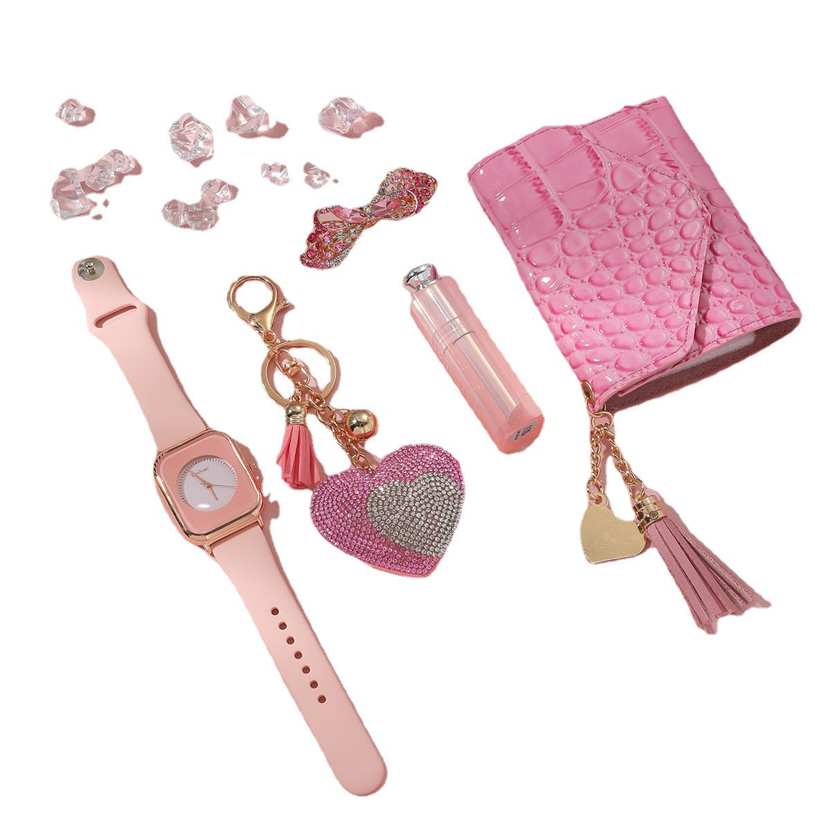 Luxury 5-Piece Gift Box: Watch + Wallet + Mirror + Key Chain + Brooch Set