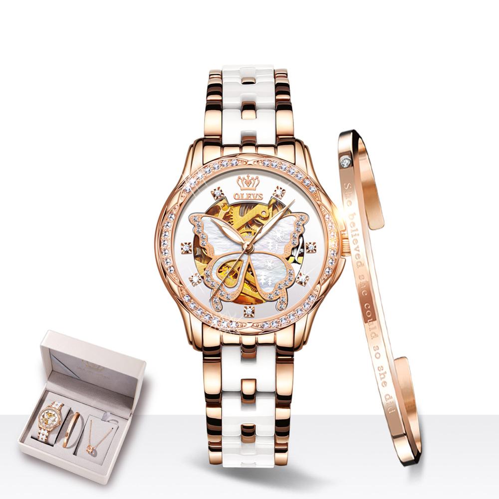 Ladies Automatic Watch Gift Set: 35mm Ceramic Strap | Open-Heart Skeleton | Matching Bracelet