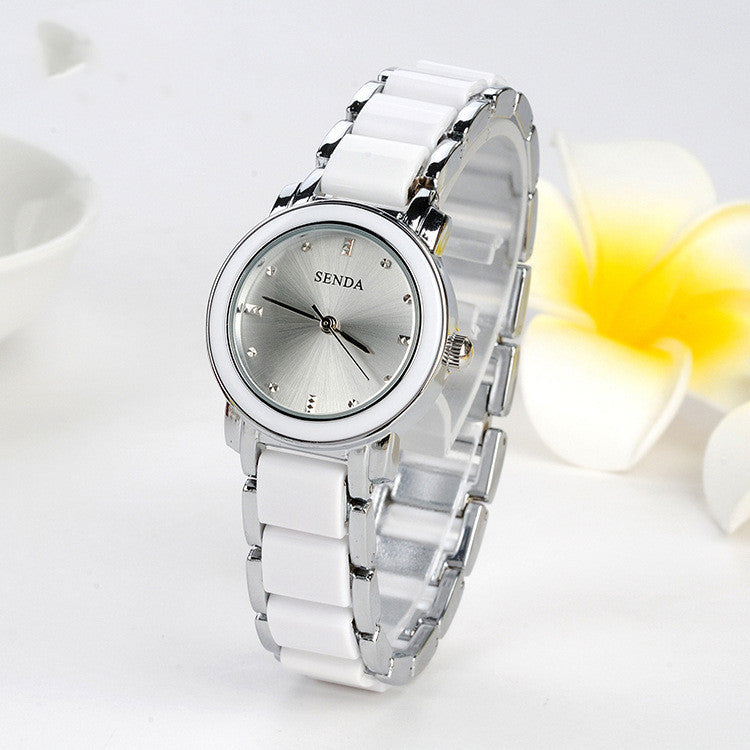 Slim Ceramic-Look Bracelet Watch: 26mm Petite Dial | Glossy Articulated Links | Jewelry Clasp