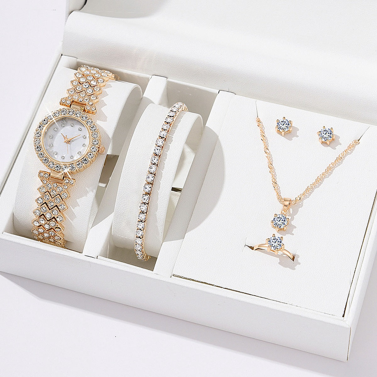 Women's 5-Piece Crystal Gift Set: Watch + Jewelry Box | Full Pave