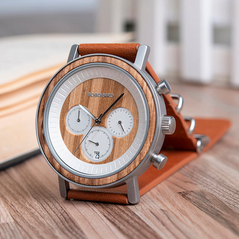Men's 44.3mm Wood & Steel Chronograph Watch | Miyota Movement