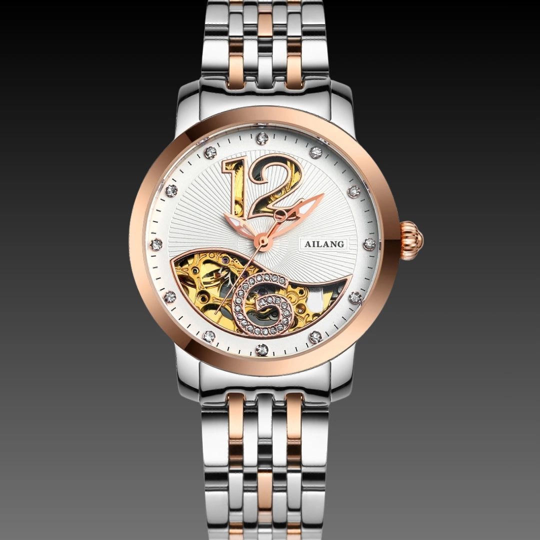 Ladies Luxury Skeleton Watch: Mechanical Movement | Diamond Accents | 10mm Slim Profile