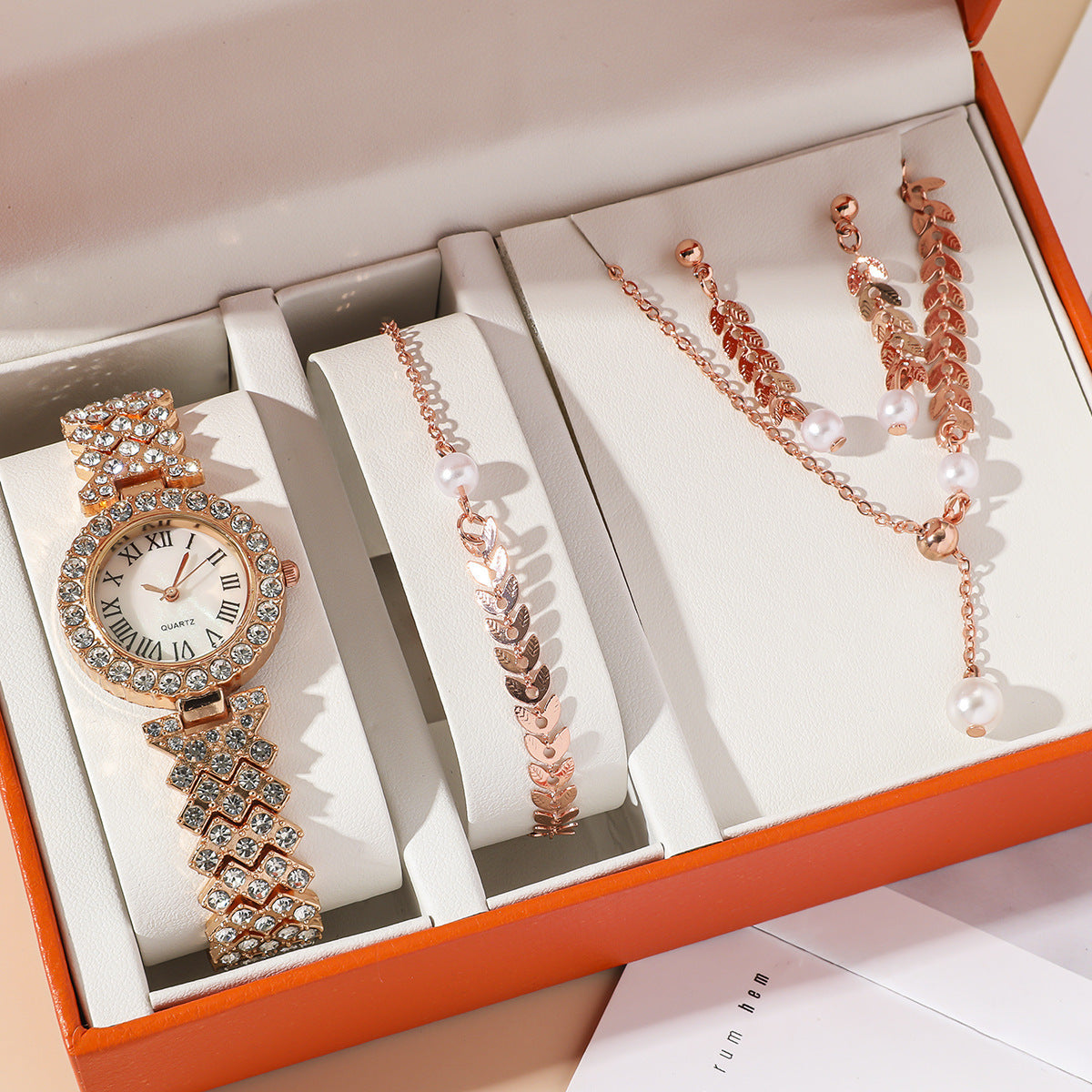 Women's 5-Piece Crystal Gift Set: Watch + Jewelry Box | Full Pave