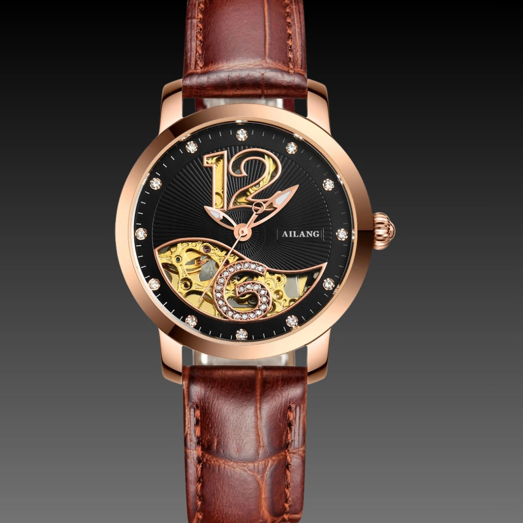 Ladies Luxury Skeleton Watch: Mechanical Movement | Diamond Accents | 10mm Slim Profile