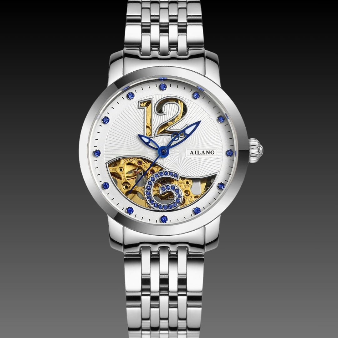 Ladies Luxury Skeleton Watch: Mechanical Movement | Diamond Accents | 10mm Slim Profile