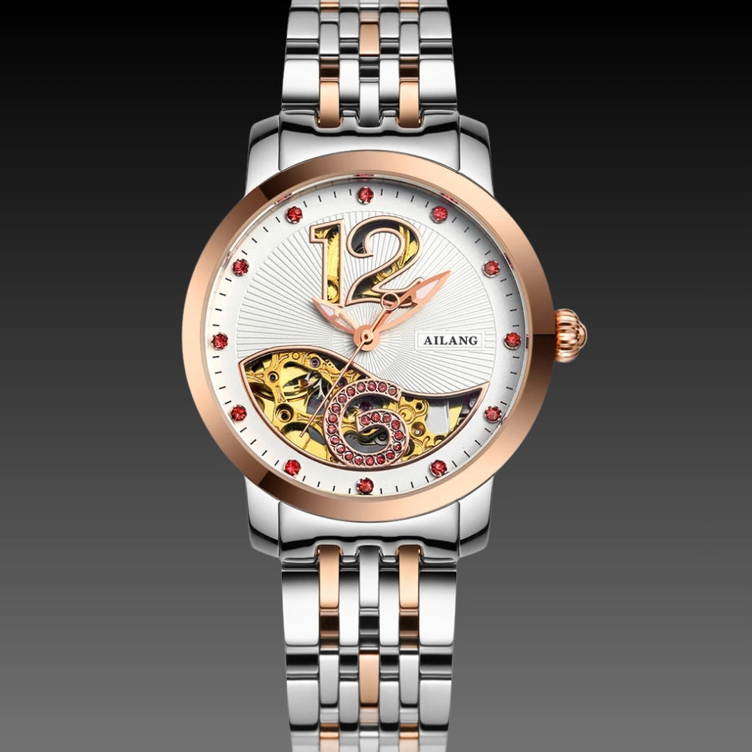 Ladies Luxury Skeleton Watch: Mechanical Movement | Diamond Accents | 10mm Slim Profile