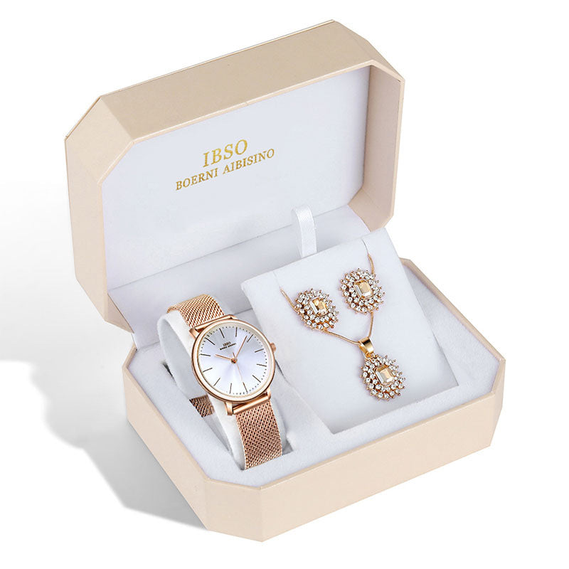 Luxury Watch & Jewelry Gift Set: 30mm Quartz | 8mm Slim | Waterproof | Complete 5-Piece Box