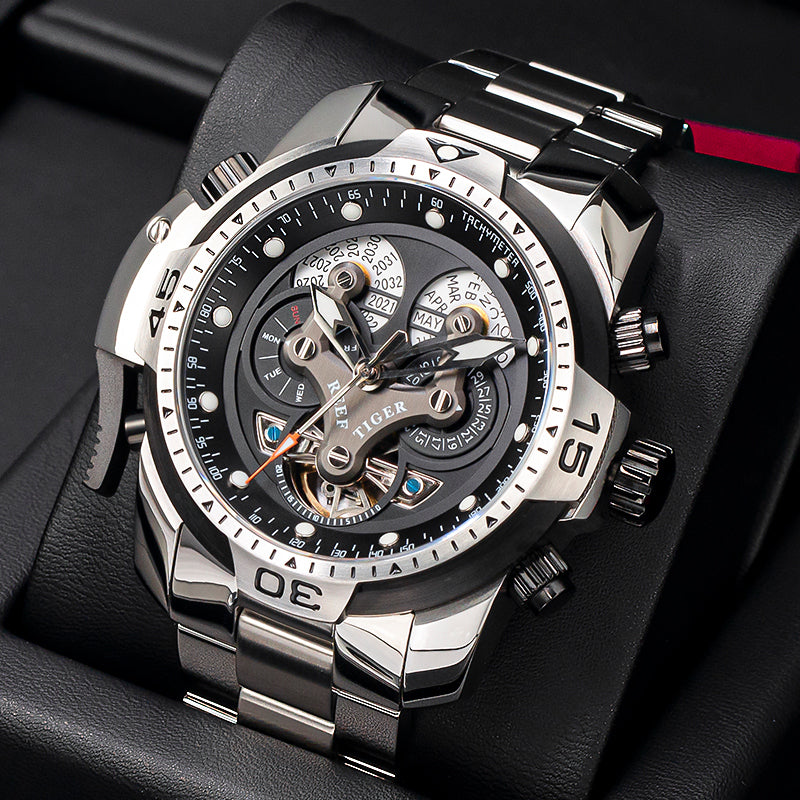 Men's Avant-Garde Skeleton Watch | 45mm Tonneau Geometric Case | Industrial Sport Luxury