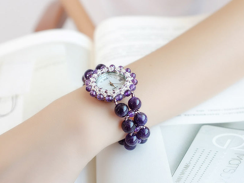 Amethyst Luxury Crystal Bracelet Watch for Women – Elegant Quartz Dress Watch with Gemstone Inlay & Waterproof Stainless Steel Case