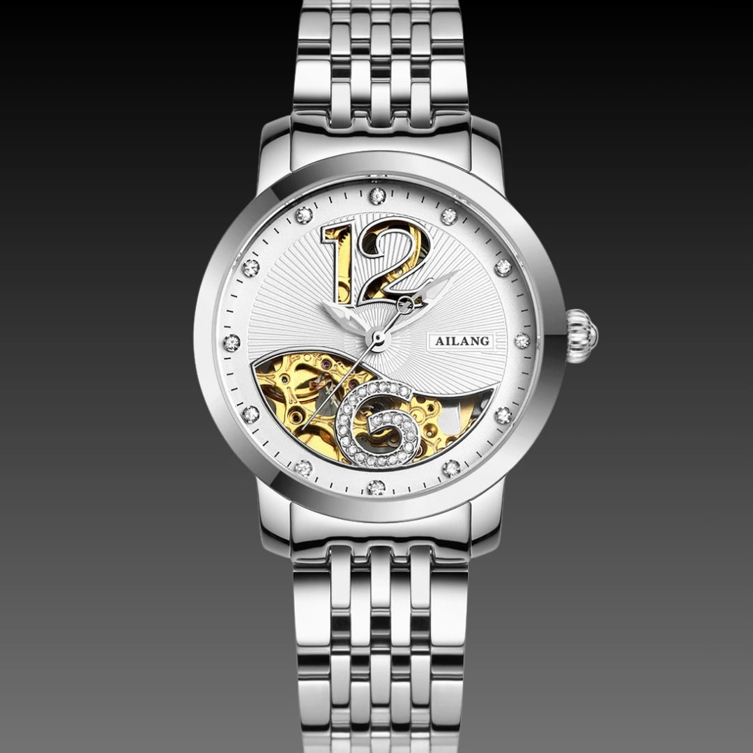 Ladies Luxury Skeleton Watch: Mechanical Movement | Diamond Accents | 10mm Slim Profile