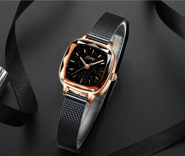 CIVO 22mm Petite Square Watch: 7mm Ultra-Slim | Faceted Diamond-Cut Glass | Milanese Mesh Bracelet