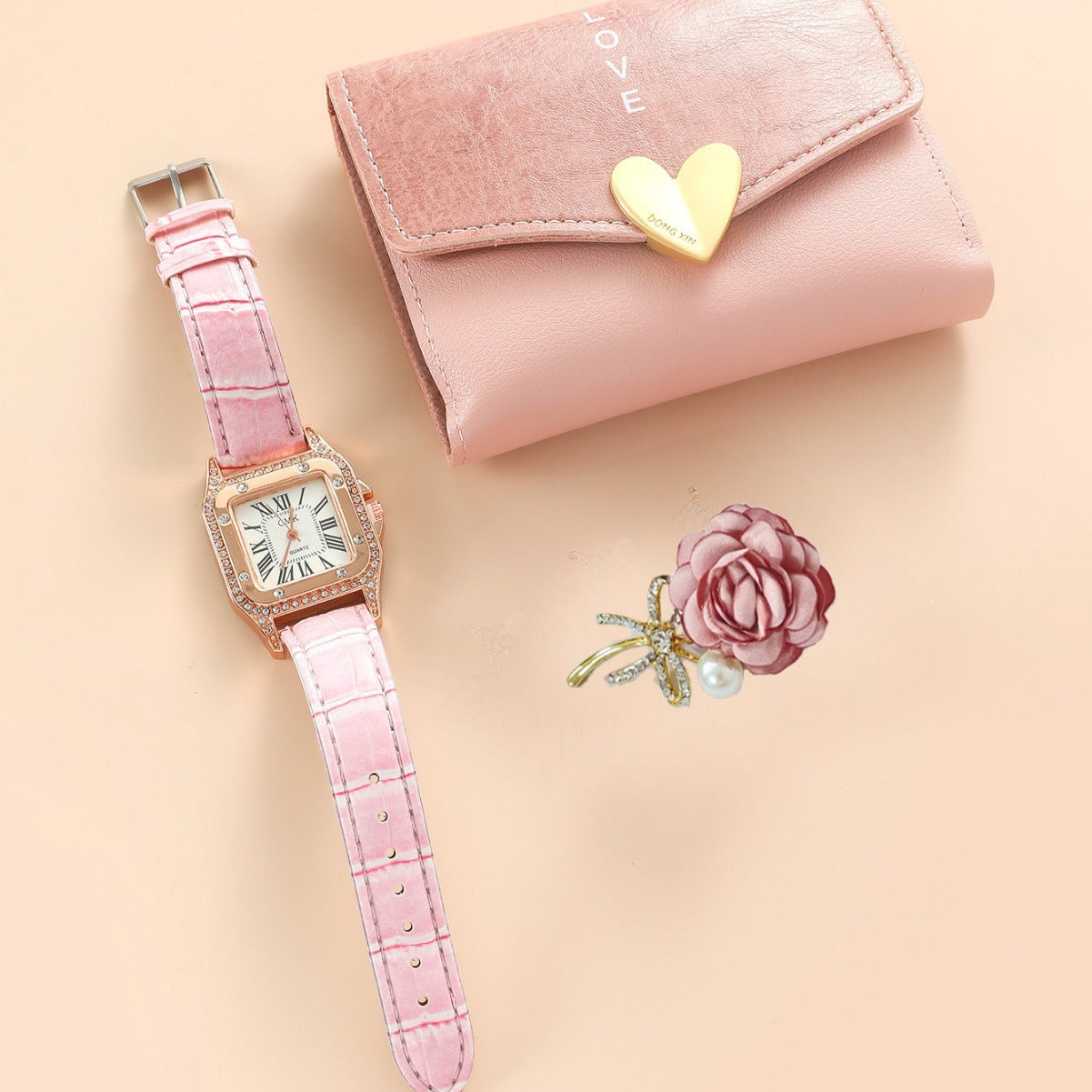 Luxury 4-Piece Gift Set: Ladies Watch, Wallet, Belt & Brooch | 8mm Slim | Pink Box Edition