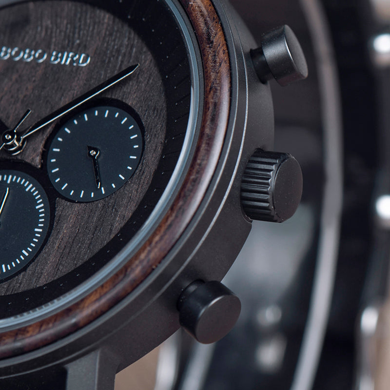 Men's 44.3mm Wood & Steel Chronograph Watch | Miyota Movement