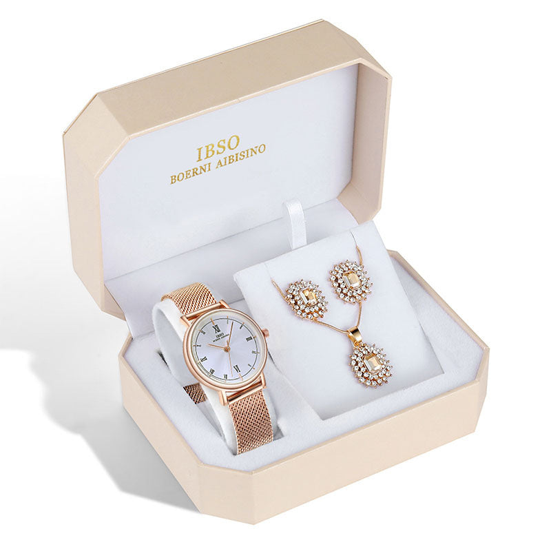 Luxury Watch & Jewelry Gift Set: 30mm Quartz | 8mm Slim | Waterproof | Complete 5-Piece Box