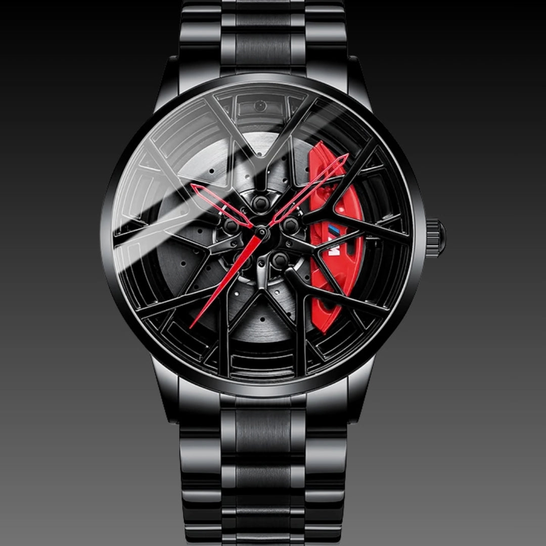 Men's 3D Brake Hollow Dial Watch – Motorsport Inspired Rim Design with Stainless Steel Strap & Quartz Movement