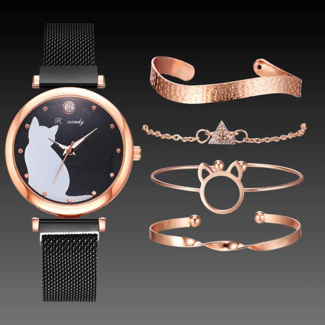 Cute Cat Quartz Watch: 34mm Magnetic Mesh Strap | 10mm Slim | Ladies Gift Set