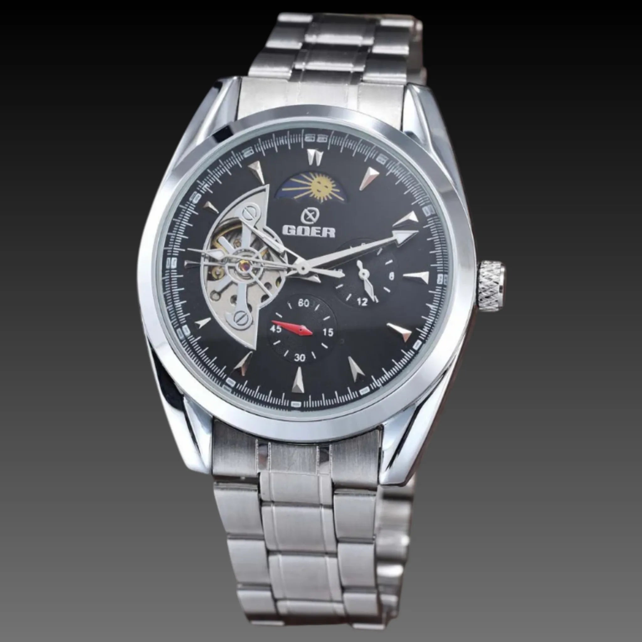 Men's Moon Phase Automatic Watch | Open Heart Mechanical Dial | Stainless Steel Day/Night Timepiece