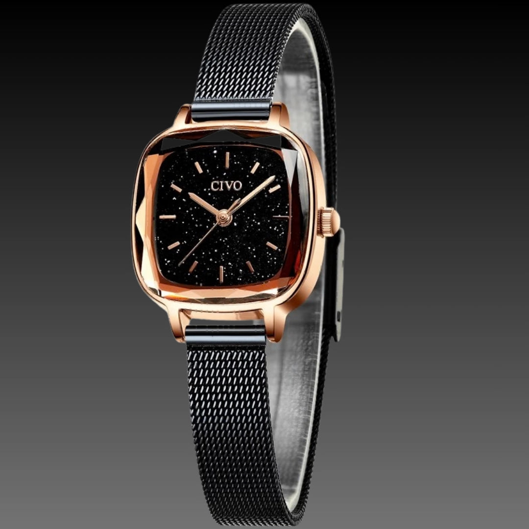 CIVO 22mm Petite Square Watch: 7mm Ultra-Slim | Faceted Diamond-Cut Glass | Milanese Mesh Bracelet