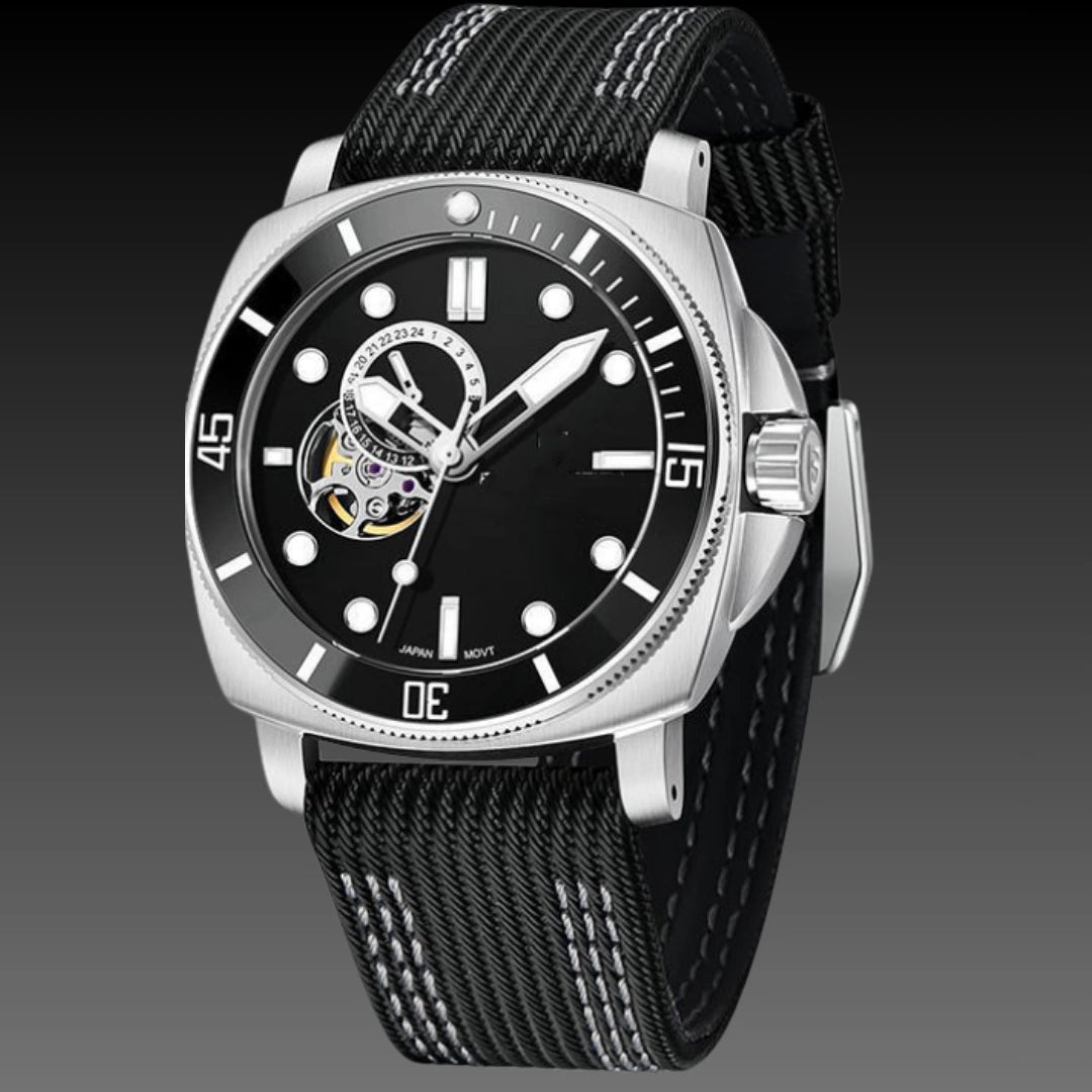 Tonneau Sport Skeleton Automatic: 43mm Barrel Case | Hybrid Composite Strap | Luminous Dial