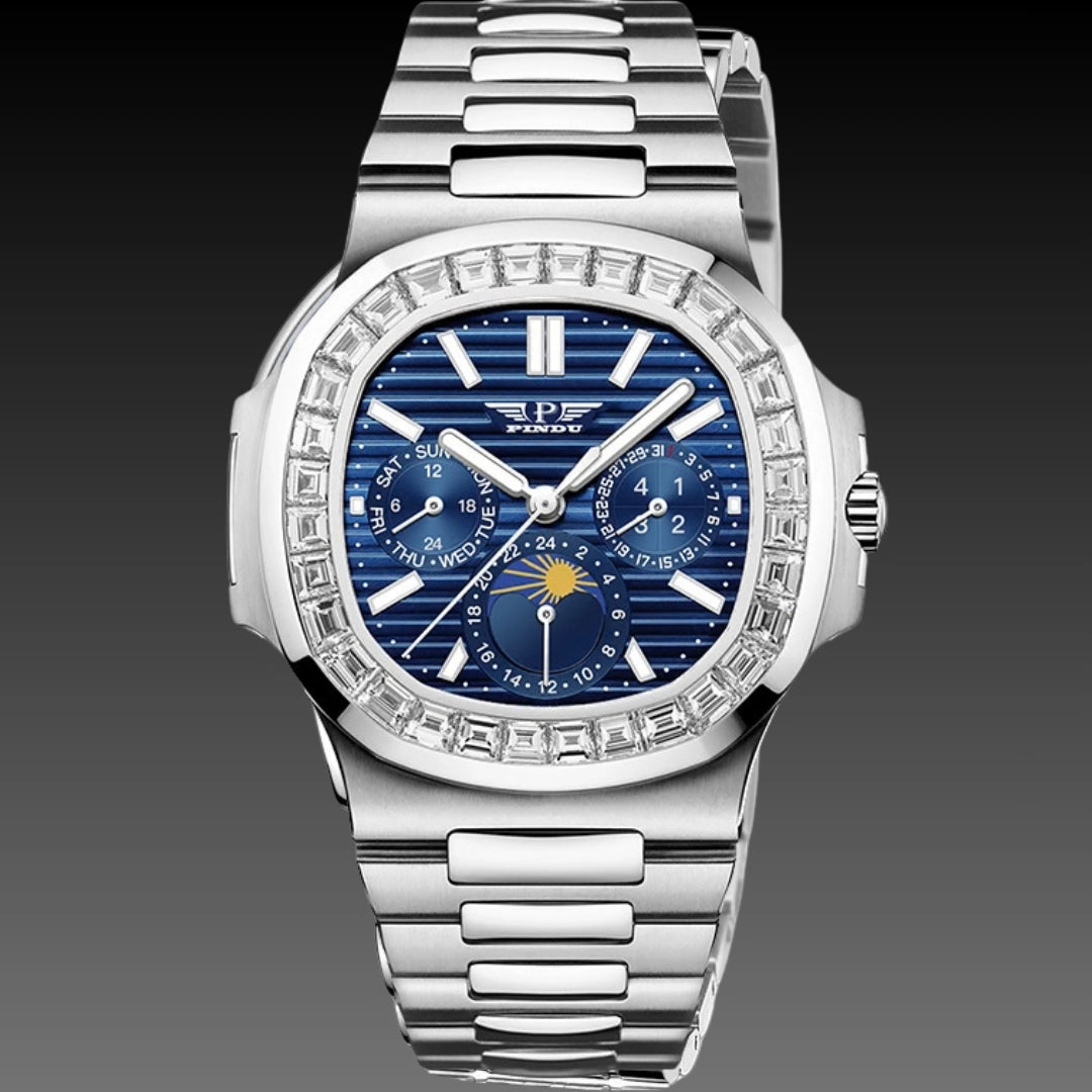 Men's Diamond Blue Face Square Watch – Large 44mm Luxury Chronograph Style Timepiece