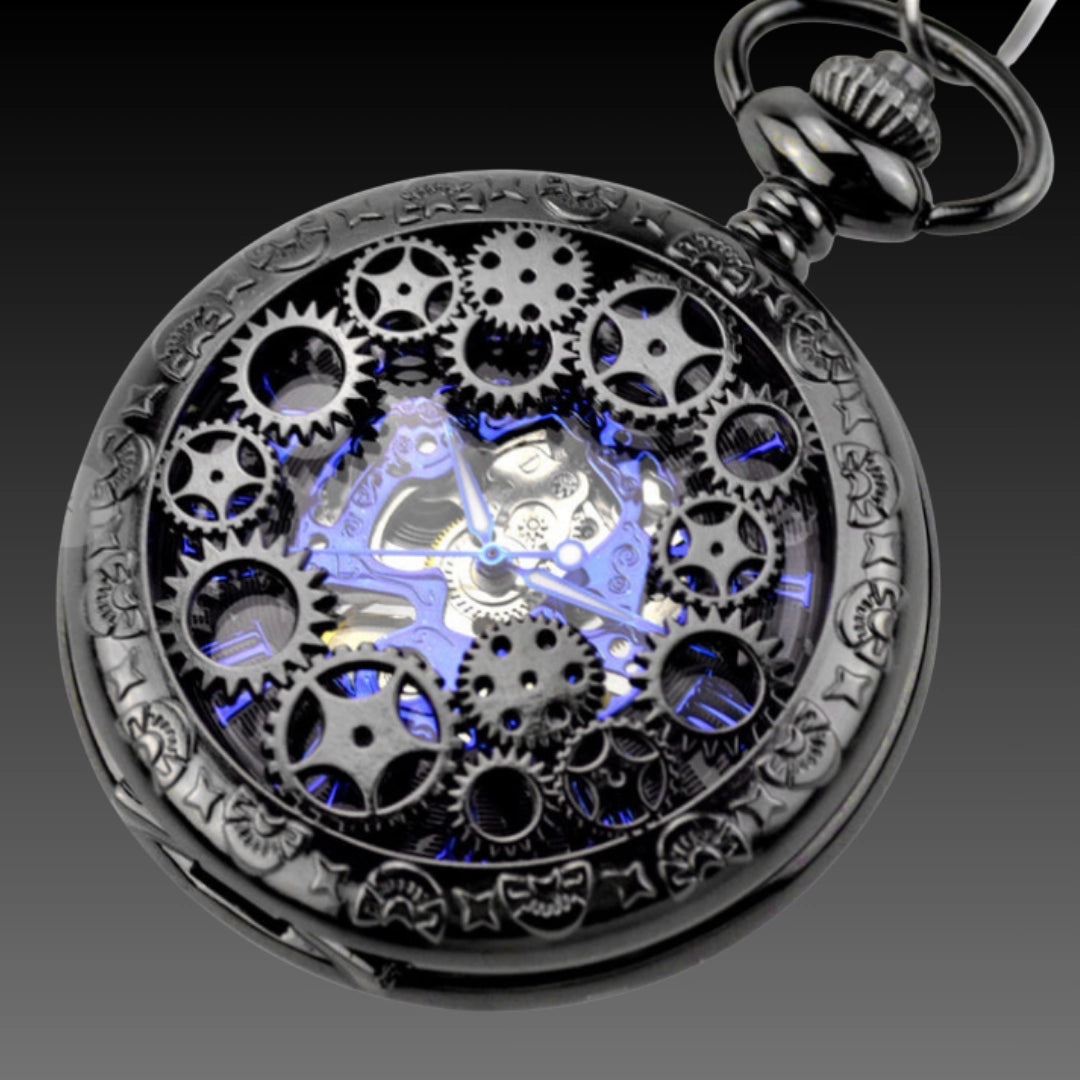 Vintage Gunmetal Skeleton Mechanical Pocket Watch – Steampunk Hollow Gear Design with Flip Cover & Heavy Duty Chain