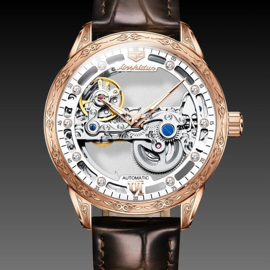 Men's Openwork Mechanical Watch – Skeleton Automatic with Waterproof Leather Strap