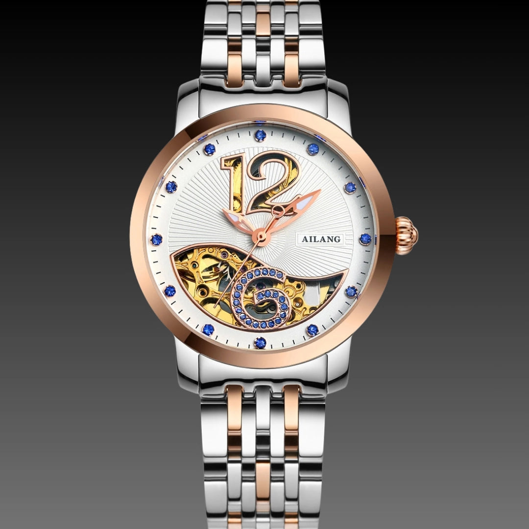 Ladies Luxury Skeleton Watch: Mechanical Movement | Diamond Accents | 10mm Slim Profile