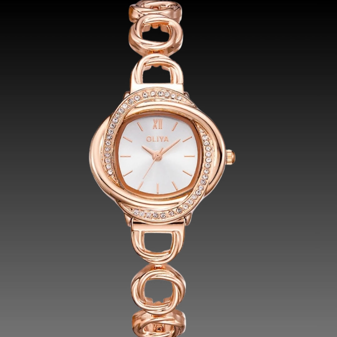 Luxury OLIYA Crystal Watch: Light Luxury Versatile | 9mm Slim Metal | Interlocking Link Bracelet
