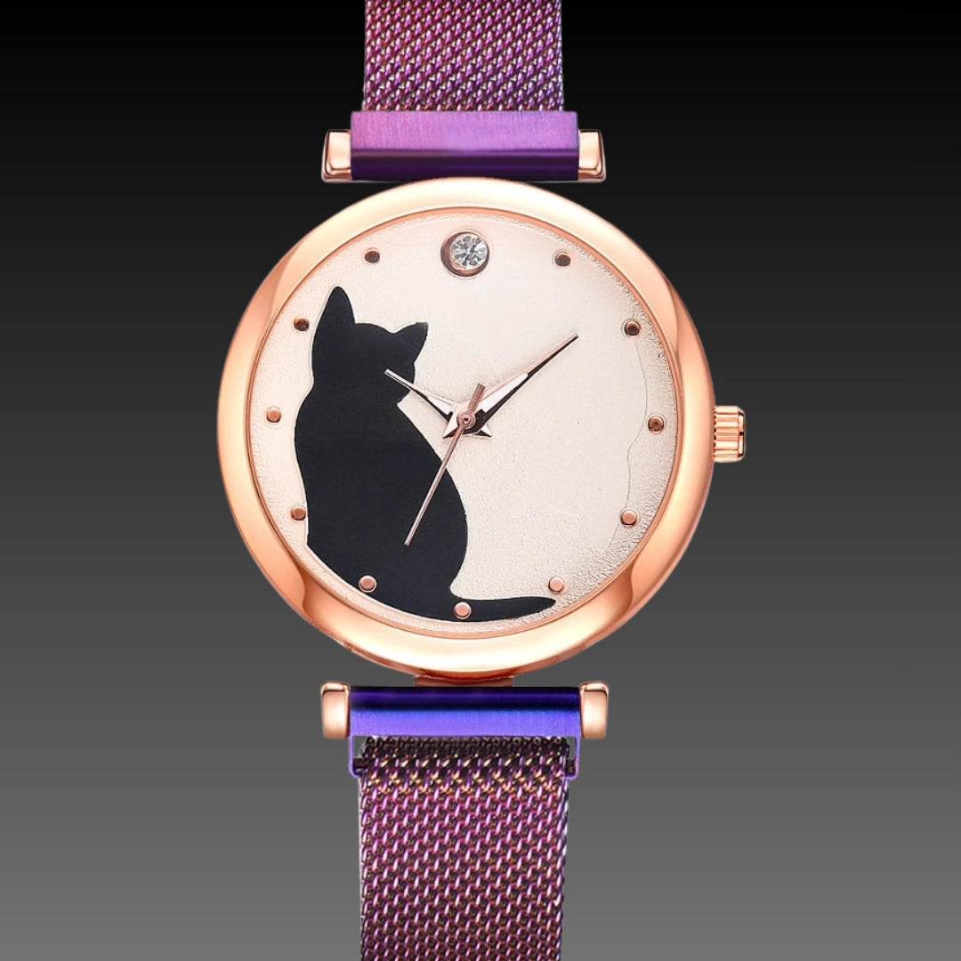 Cute Cat Quartz Watch: 34mm Magnetic Mesh Strap | 10mm Slim | Ladies Gift Set