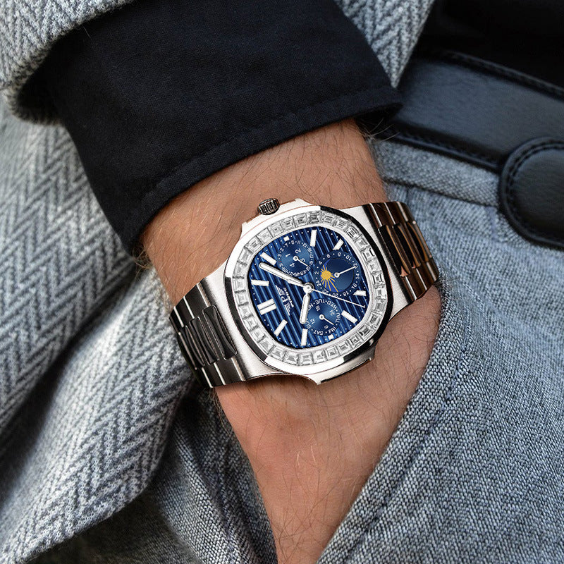 Men's Diamond Blue Face Square Watch – Large 44mm Luxury Chronograph Style Timepiece