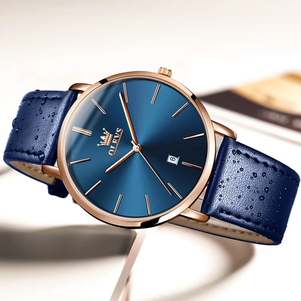 OLEVS Watches for Men Minimalist Ultra Thin Fashion Casual Analog Quartz Date Watch Waterproof Slim Simple Big Face Dress Mens Wrist Watches with Retro Leather Band for Men Reloj para Hombre
