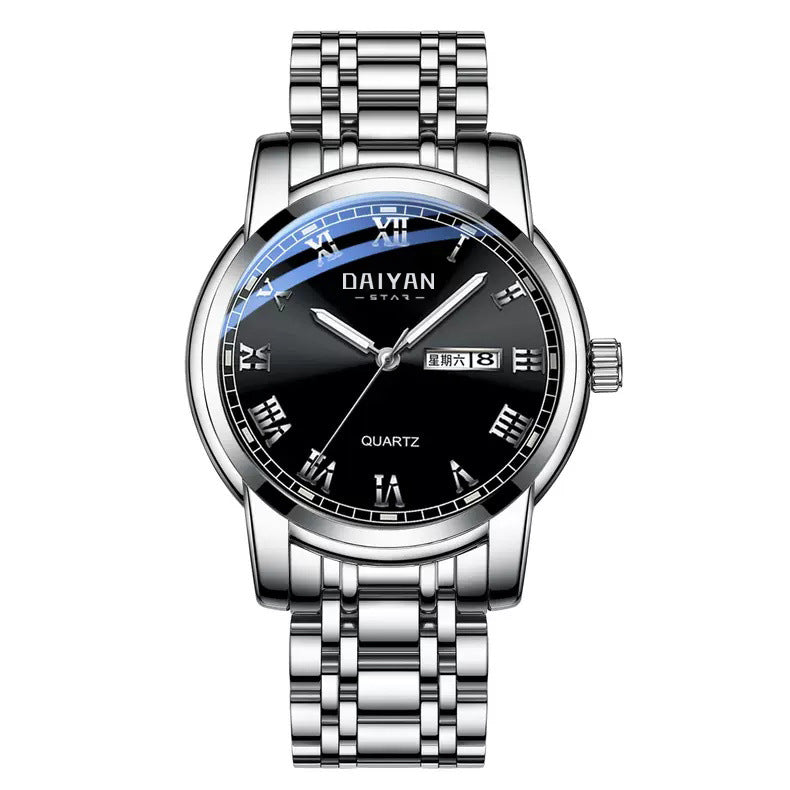 Stainless Steel With Double Calendar Quartz Watch Waterproof Luminous