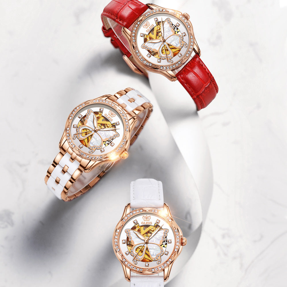 Ladies Automatic Watch Gift Set: 35mm Ceramic Strap | Open-Heart Skeleton | Matching Bracelet