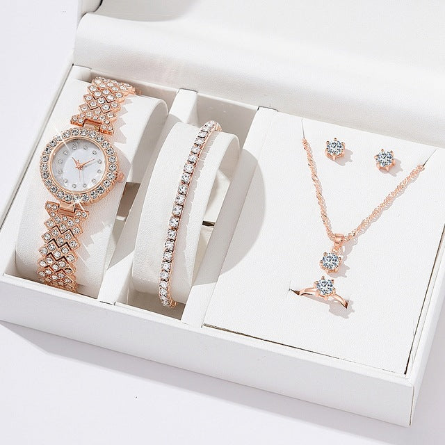 Women's 5-Piece Crystal Gift Set: Watch + Jewelry Box | Full Pave