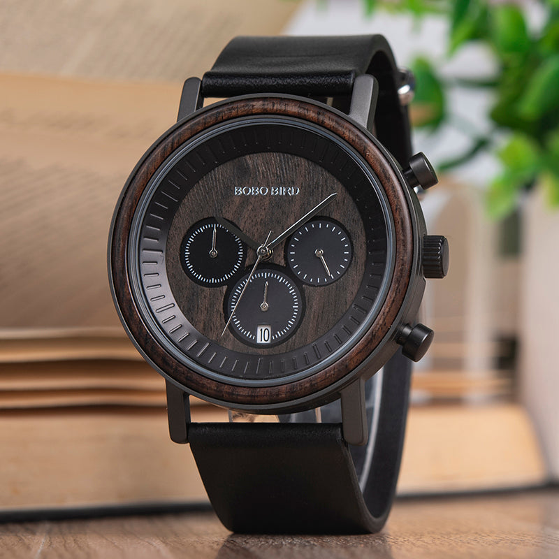 Men's 44.3mm Wood & Steel Chronograph Watch | Miyota Movement