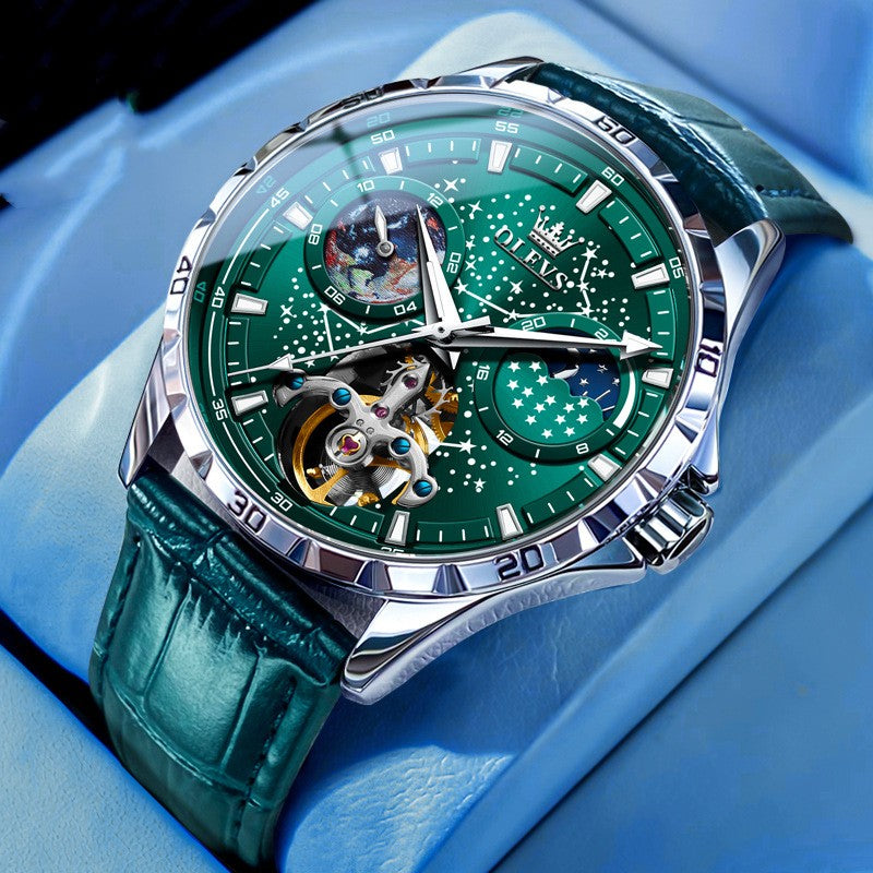 Men's Starry Sky Mechanical Watch – Skeleton Hollow Automatic with Transparent Caseback