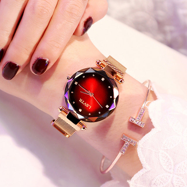 Women's 35mm Starry Sky Quartz: Magnetic Mesh Strap | 3D Diamond-Cut Glass