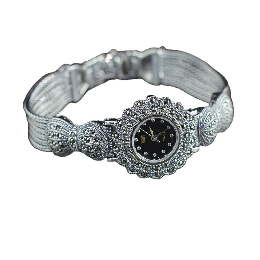 S925 Sterling Silver Ladies Watch – Vintage Thai Silver Bow Bracelet with Japanese Quartz Movement