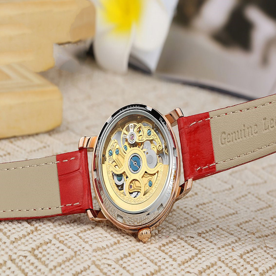 Ladies Luxury Skeleton Watch: Mechanical Movement | Diamond Accents | 10mm Slim Profile