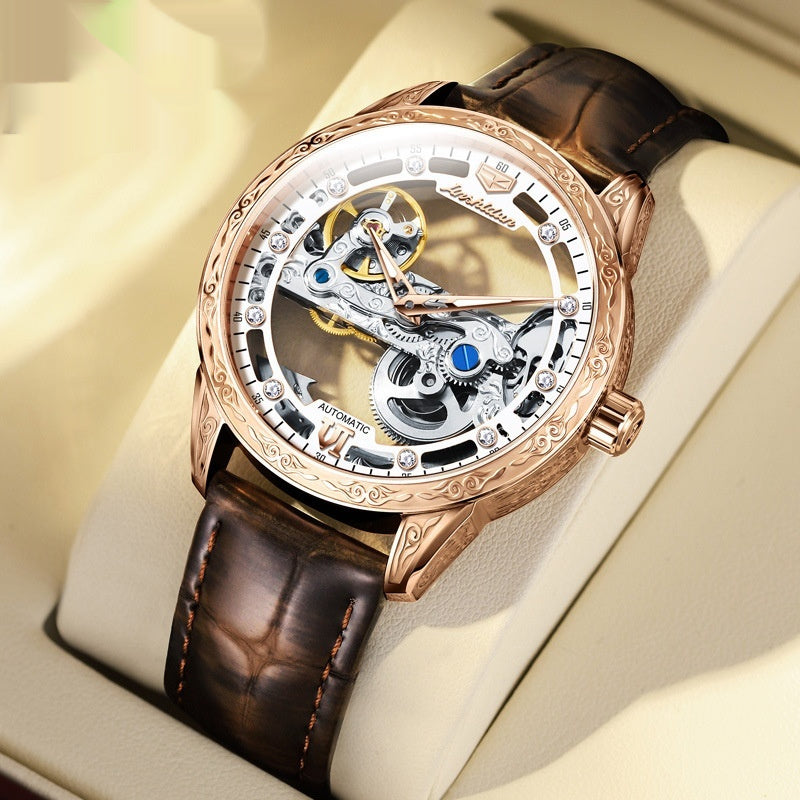 Men's Openwork Mechanical Watch – Skeleton Automatic with Waterproof Leather Strap