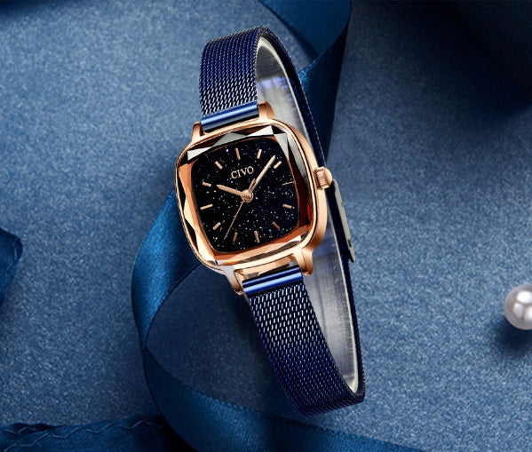 CIVO 22mm Petite Square Watch: 7mm Ultra-Slim | Faceted Diamond-Cut Glass | Milanese Mesh Bracelet
