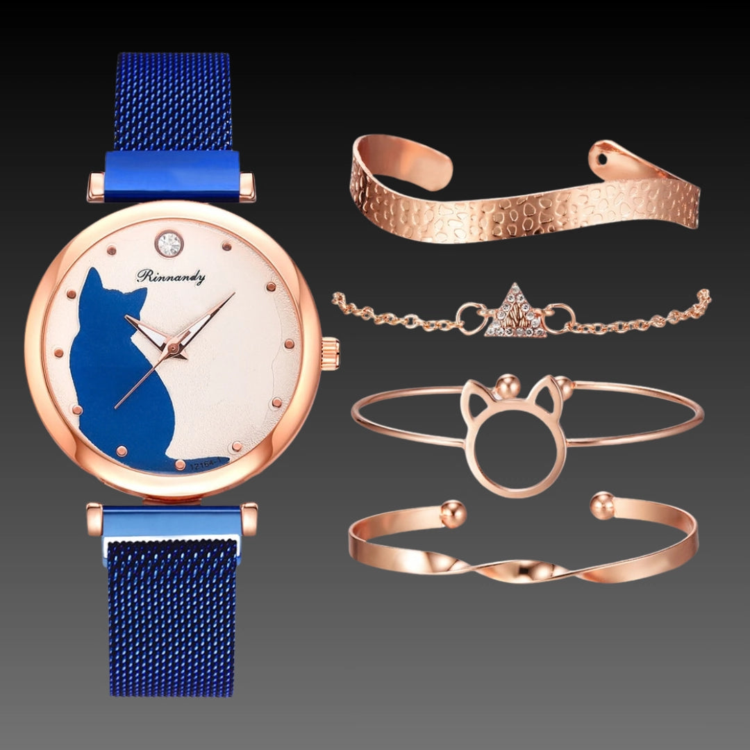 Cute Cat Quartz Watch: 34mm Magnetic Mesh Strap | 10mm Slim | Ladies Gift Set