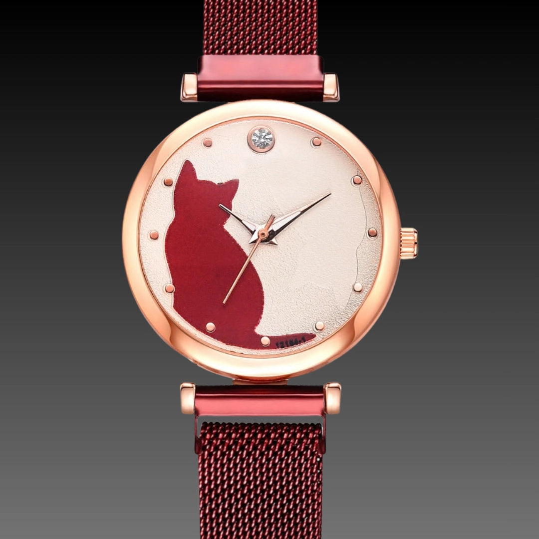 Cute Cat Quartz Watch: 34mm Magnetic Mesh Strap | 10mm Slim | Ladies Gift Set
