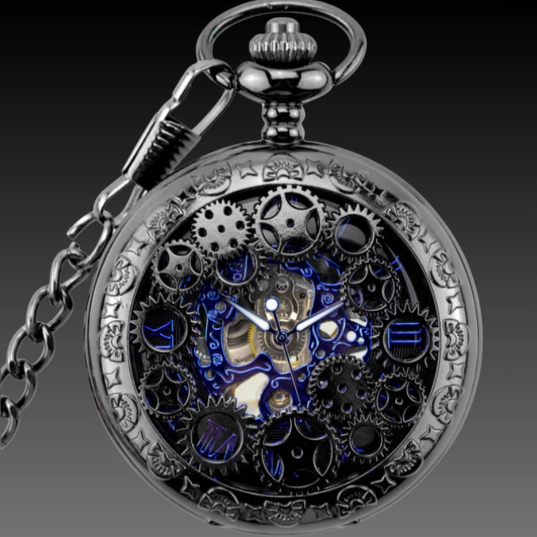 Vintage Gunmetal Skeleton Mechanical Pocket Watch – Steampunk Hollow Gear Design with Flip Cover & Heavy Duty Chain