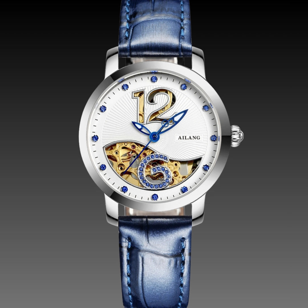 Ladies Luxury Skeleton Watch: Mechanical Movement | Diamond Accents | 10mm Slim Profile