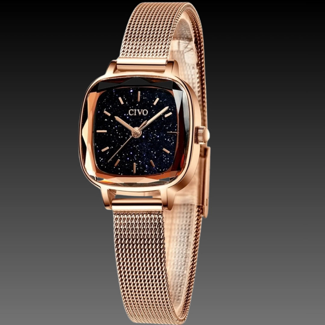 CIVO 22mm Petite Square Watch: 7mm Ultra-Slim | Faceted Diamond-Cut Glass | Milanese Mesh Bracelet