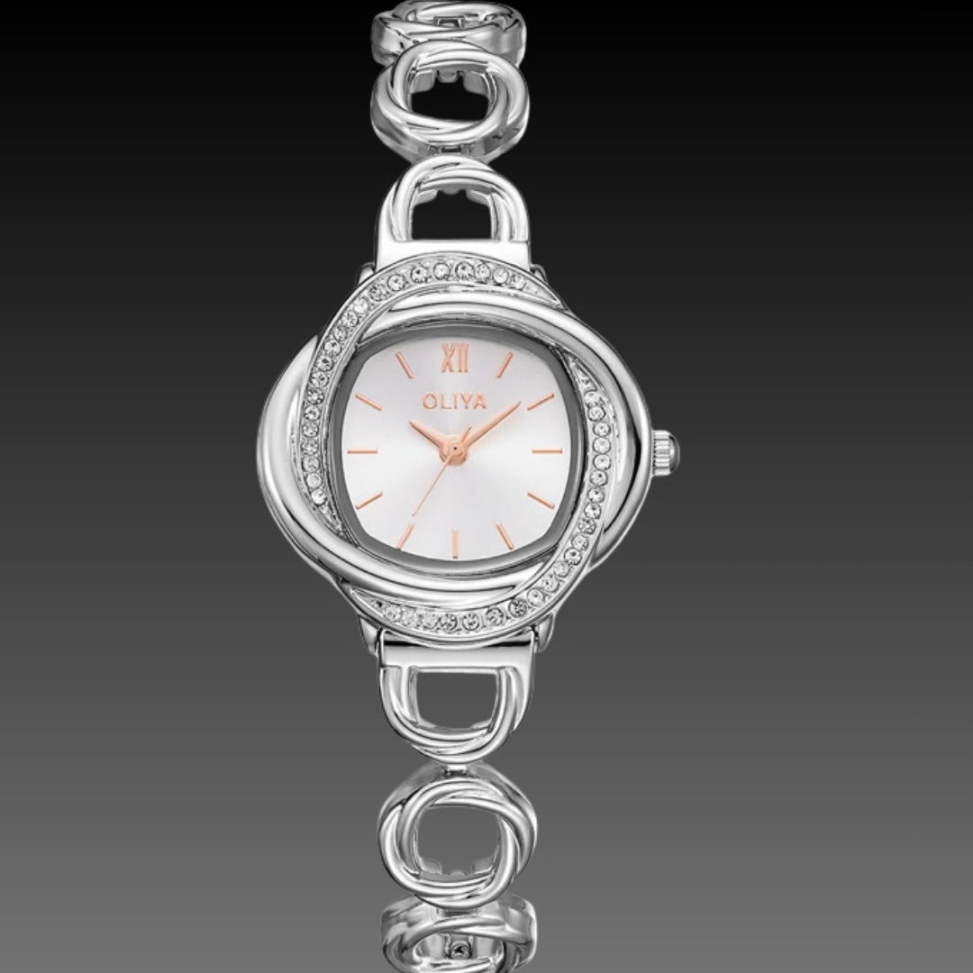 Luxury OLIYA Crystal Watch: Light Luxury Versatile | 9mm Slim Metal | Interlocking Link Bracelet