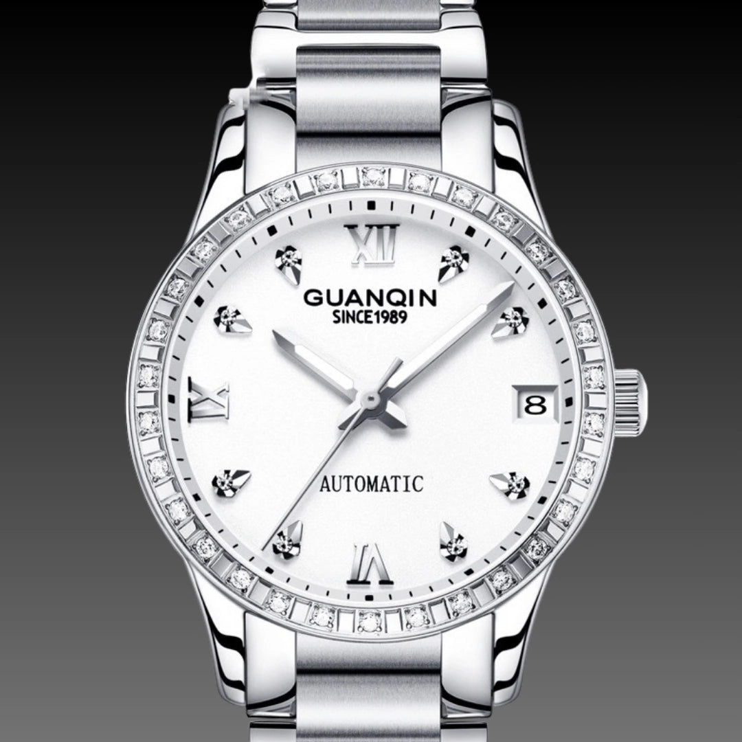 Ladies Titanium Mechanical Watch: 33mm Ceramic Strap | Diamond Bezel | Skeleton Dial