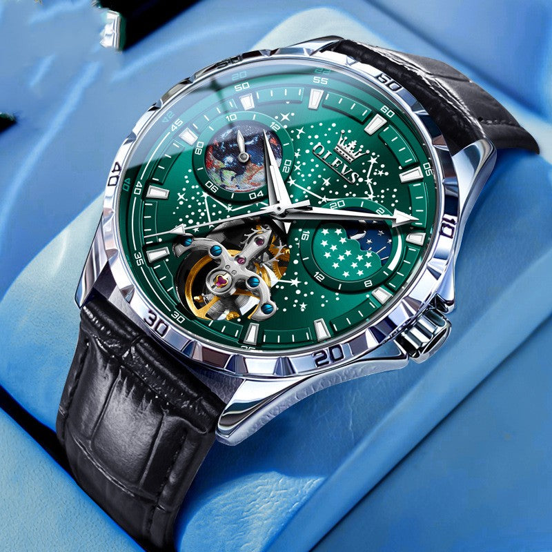 Men's Starry Sky Mechanical Watch – Skeleton Hollow Automatic with Transparent Caseback
