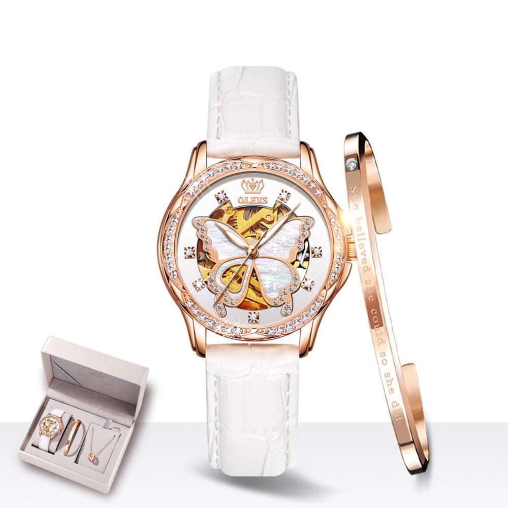 Ladies Automatic Watch Gift Set: 35mm Ceramic Strap | Open-Heart Skeleton | Matching Bracelet